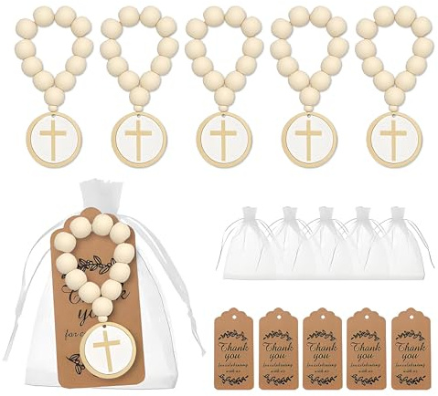 CHENNAN 6 Stück Holz Rosenkranzperlen mit Kruzifix und Weißem Organzabeutel Mini Hölz Kreuz Rosenkranz Katholisch Natur Holz Rosenkranz für Taufe Erstkommunion und Christliche Feierlichkeiten (A)