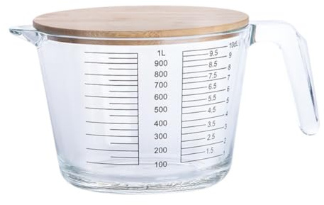 TOYZFRIENDY Taza Medidora de Vidrio Resistente al Calor con Tapa de Madera para Repostería y Cocina Doméstica Vaso Medidor Transparente Graduado para Líquidos y Mezcla