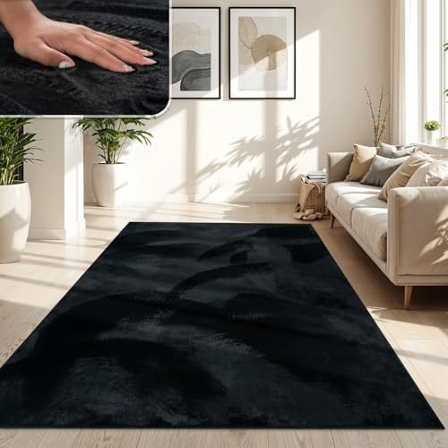TT Home Wohnzimmer Teppich Weich Shaggy Hochflor Soft Modern Einfarbig Schwarz, Größe:240x340 cm