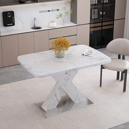 Moderner rechteckiger Esstisch 80 x 120 bis 160 cm – weiße Marmordruckplatte, X-förmige MDF-Beine mit Metallbasis, stilvoll und langlebig für Zuhause und Esszimmer