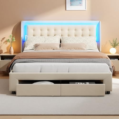 Hoscullo Stauraumbett 140x190, Polsterbett Doppelbett mit Hydraulisches Stauraum, Bett mit Schubladen, Boxspringbett mit Bettkasten, Jugendbett Modern, Schlafbett, Beige, Samt