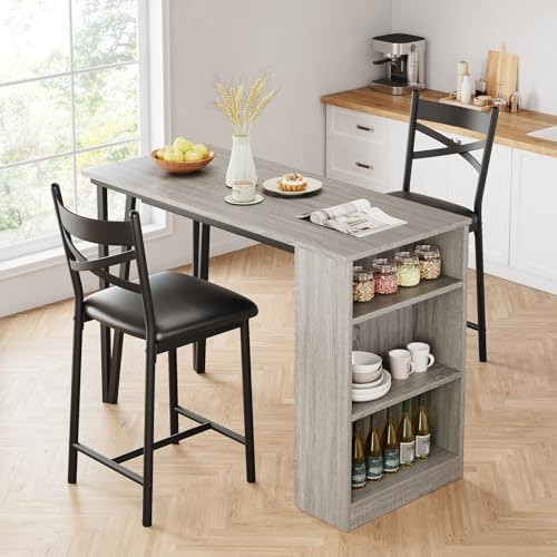 Crevyteg Bartisch mit Barhocker Set, Klappbarer Bartisch 3 Teilig, Esstisch mit 2 Stühlen 3 Ablagen, Barhocker mit Metallrahmen, Essgruppe für 2 Personen für Zuhause, Küche, Grau