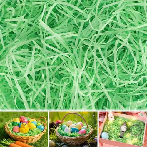 455g Ostergras Raffia Grün – Verpackungsmaterial Füllmaterial Geschenk für Osterkörbe & Geschenkboxen, Geschreddertes Papier für Party DIY Basteln Osternester Geschenke Dekoration