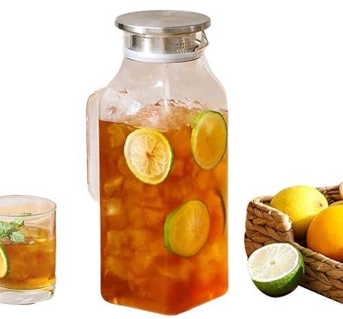 Jarra de vidrio con tapa - 2 L Jarra para bebidas con mango y tapa | Jarra de de vidrio - para frigorífico, encimera, barbacoa, picnic, camping, limonada, café, té,