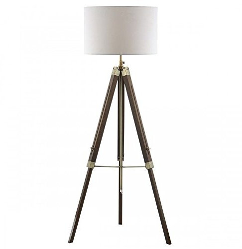 Tripod Design Floor Lamp with Dark Natural Wood Stand and Linen Drum Shaped Lamp Shade