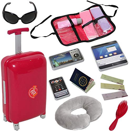 The New York Doll Collection Puppen Reisekoffer mit Offenem und Schließen Handgepäck, Ticket, Reisepass und 12 Zubehör - Rotes Reiseset für 18 Zoll/46 cm Puppen - Puppenreisen Zubehör