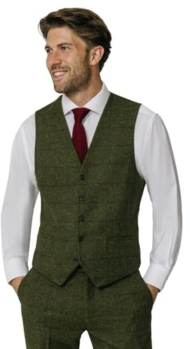 Dobell Mens Green Tweed Waistcoat Regular Fit Wool Blend Windowpane Check 5 Button