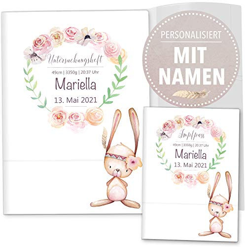 OLGS Personalisierbares U-Heft und Impfpasshüllen 3-teiliges Set Cute Boho Untersuchungsheft Hülle & Impfpasshülle mit Namen und Geburtsdatum (Uhefthüllen personalisiert, Hase)