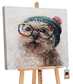YS-Art XXL Abstrakt Acryl Gemälde auf Leinwand Positiv Hunde Welpe lustig handgemalt Wandbilder Wohnzimmer modern braun Wohndekor Bilder echte Kunst 90x90 cm