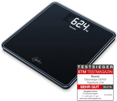 Beurer GS400 Blanca Báscula Digital De Vidrio, Vidrio Seguridad 8Mm, 200Kg /100 g, Pantalla LCD Retroiluminada Grandes Dígitos 3.9 cm, Apagado Automático, Color Negro