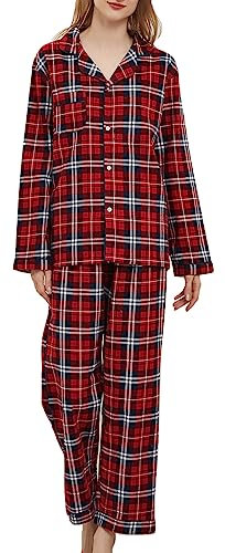 CHUNG Ensemble de pyjama en coton brossé à manches longues et pantalon boutonné en flanelle pour femme, vêtements de nuit confortables et chauds, grande taille, écossais rouge, XL