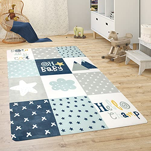 Paco Home Kinderteppich Teppich Kinderzimmer Spielmatte Babymatte rutschfest Modern Tiere Regenbogen Herz, Grösse:155x230 cm, Farbe:Blau