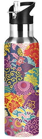 Vnurnrn Vintage Art Cadeau Fleur Japonaise Bouteille d'eau Isotherme avec Paille en Acier Inoxydable Gourde 600ML, Sans Bpa Gourdes Eau pour Enfant Sport Randonnée École Bureau