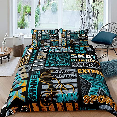 Bmx Bedding Set, Skateboard Trippy Urban Street Culture Brick Wall Grunge Gradient Graffiti Bicycle Comforter Cover, Decorative 3 Piece Duvet Cover With 2 Pillow Shams, Double Size, Teal Yellow Black