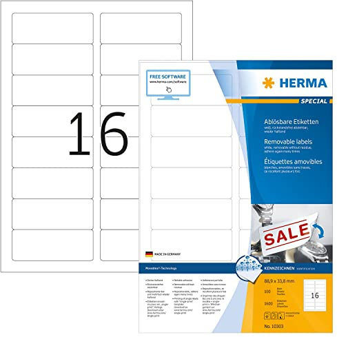 HERMA 10303 Universal Etiketten ablösbar, 1400 Blatt, 88,9 x 33,8 mm, 16 pro A4 Bogen, 22400 Stück, selbstklebend, bedruckbar, matt, blanko Papier Klebeetiketten Aufkleber, weiß