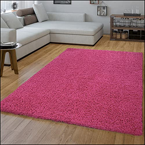 TT Home Wohnzimmer Teppich Hochflor Langflor Shaggy Soft Unifarben Modern Einfarbiges Design, Farbe: Rosa Pink, Größe:150 cm Quadrat