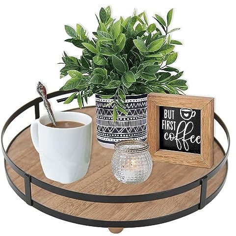 Defined Deco 12in Round Serving Tray with Metal Handle - Decorative Wooden Tray for Home, Living Room, Coffee Table, Kitchen and Dining Table Decor - Rustic Style