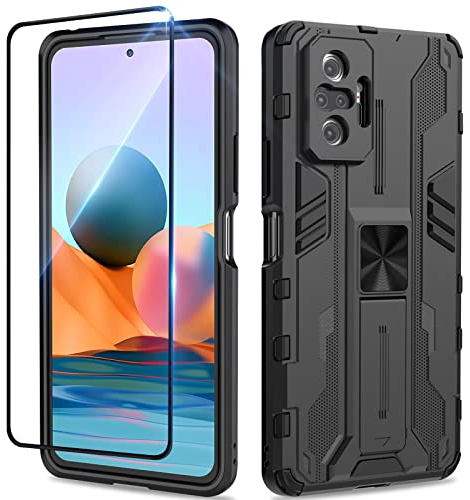 Btstring Funda para Xiaomi Redmi Note 10 Pro con Cristal Templado Protector Pantalla, Carcasa Protectora Antigolpes con Soporte Reforzado- Negro