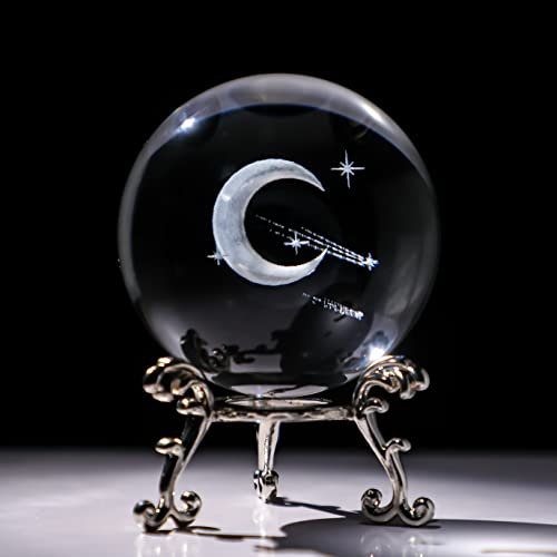 ZEERSHEE 3D Crystal Ball with Stand 60mm Glass Laser Engraved Moon&Star Ball Paperweights Glass Ornaments Decoration for Home Office Birthday Gifts for Women