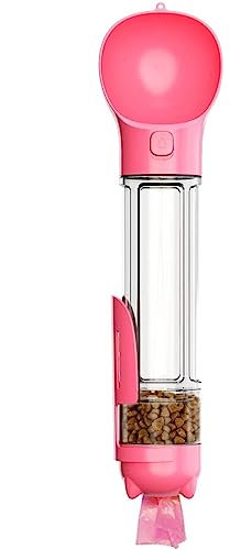 500ml Sarayah Dog Water Bottle, Portable Multifunctional Water Bottle with Food Dispenser, Garbage Collection Bag, Poop Shovel, for Outdoor Walking Travelling Doggy Bottles Leak Proof (Pink)