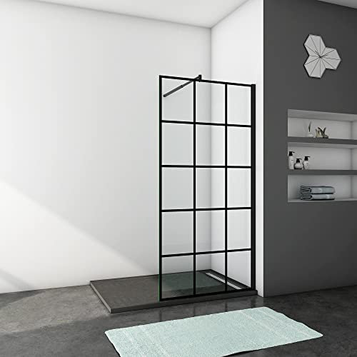 Ducha Casa 110x200cm Mampara de ducha frontal 1 hoja marco negro, 8mm cristal templado antical, barra 70-120cm y perfil negro