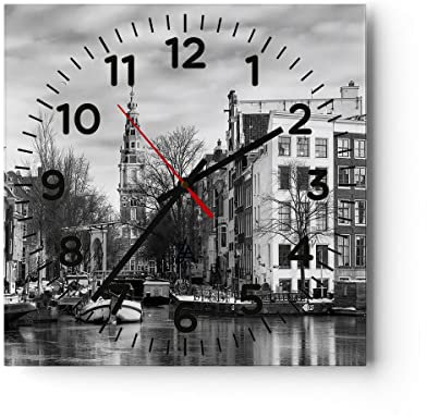 Modern Wanduhr Schwarzweiß Amsterdam Boote 40x40cm Quadrat Groß Wand Uhr Glas Analog Zimmeruhren Küche Büro Wohnzimmer Glasuhr Wall Clock Dekoration Design Wanddekoration Küchenuhr C4AC40x40-4436