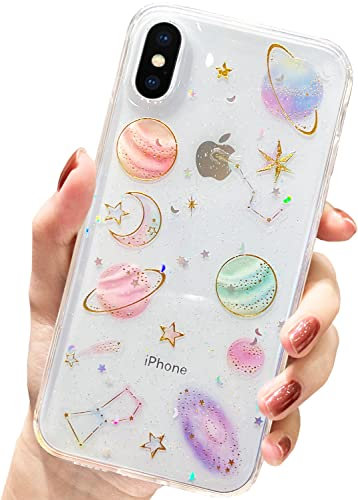 AMART für iPhone XS Max Hülle Glitzer, Durchsichtig HandyHülle mit Planet Stern Universum Muster Klare Hülle mit Aesthetic Motiv Weich Silikon Frauen Schutzhülle für iPhone XS Max(6,5NUR)(Planet)