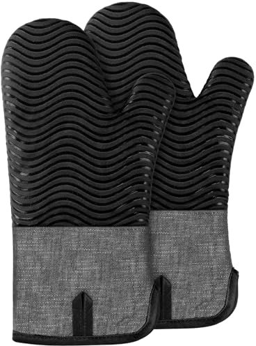 BONTHEE Ofenhandschuhe Topfhandschuhe Extra Lang Baumwolle kochhandschuhe mit Anti-Rutsch Silikon Gestreift backhandschuhe für Kochen Backen Grillen - 2er Set - Schwarz