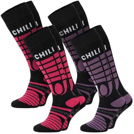 4 Paar ChiliLifestyle Socks Ski Kniestrümpfe mit Funktionszonen warme Wintersocken Skisocken dicke Socken Wollsocken Thermosocken Damen und Herren, Größe:36/40, Farben:rosa und lila