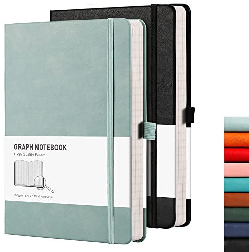 RETTACY Graph Paper Notebook A5 2 Pack - 384 Pages Squared Notebook with 100gsm Graph Paper, Pen Holder, Inner Pocket, for Office School Work Women Men Work 14.5 x 21cm - Black Gray Blue