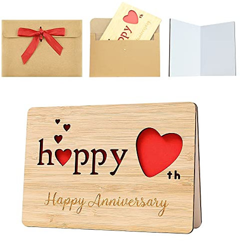 WANTOUTH Happy Anniversary Karte Holz Glückwunschkarte zum Jubiläum Beschreibbare Hölzerne Jubiläumskarten Klappbar Hochzeit Jahrestag Karte Valentinstag Karte Grußkarte für Freundin Freund Frau