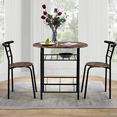 Merax 3 Piece Dining Room Set, Round Table with Chairs, Coffee Table with Storage Shelf and Wine Rack for Apartments, Balcony, Dining Room, Living Room, Brown