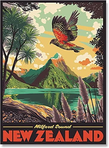 XCPORA Neuseeland Reiseplakat Tier Landschaft Leinwand Wandkunst Neuseeland Reisedrucke Abstrakte Malerei für Wohnkultur Bild 50x70cm Kein Rahmen
