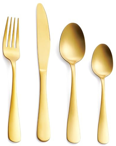 GoGeiLi Set di Posate da 24 Pezzi, Set di Posate in Acciaio Inossidabile Oro Opaco, Include Cucchiai, Forchette e Coltelli, Servizio per 6 Persone, Lavabile in Lavastoviglie
