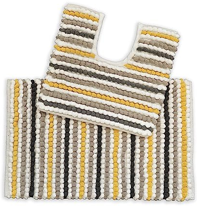 Allure Bath Fashions Merlin Chunky Bobble Bath Mat, Handwoven, Cotton Blend, Pom-Pom Design, 50cm x 80cm – Fully Guaranteed (Mustard, Two Piece Set)