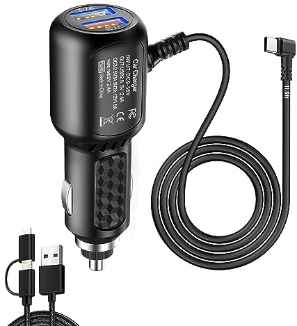 Dash Cam Ladegerät USB C Autoladegerät, Typ C Autoladegerät, Dual Port Power Adapter, Schnellladekabel für Redtiger F7N, Vantrue N4, Wolfbox (3,8 m)
