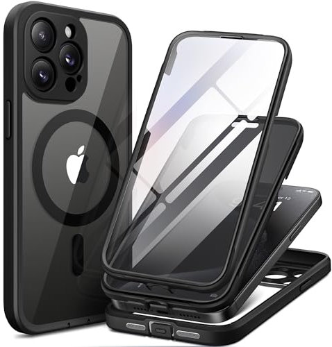 TIESZEN für iPhone 15 Pro Case Magnetic, kompatibel mit Magsafe Built-in 9H Tempered Screen Protector & Privacy Screen Protector & 2X Camera Lens Protectors, Dustproof Clear Phone Case, Schwarz