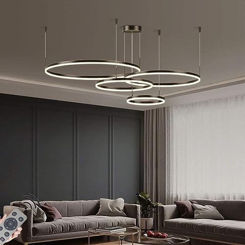 LED-Pendelleuchte Modern Dimmbar Hängeleuchte Ring Kreis Hängelampe Esstisch Pendellampe Aluminium Kronleuchter Decke Hänge Lampe Für Wohnzimmer,Color : Schwarz , Größe : 4 rings/100+80+60+40CM/138W