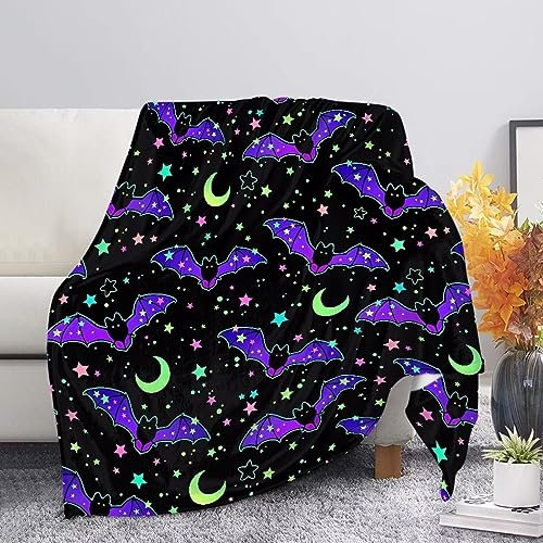 Howilath Halloween-Flanell-Sherpa-Überwurf, Fledermaus-Überwurf, Bettdecke, Sherpa-Fleece, Überwurf, Decke, Mond, Stern, schwarze Tagesdecken, Größe