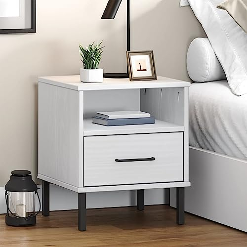 LAPOOH Nachttisch Oslo mit Metallbeinen, Nachtschrank, Nachtkonsole, Bedside Tables, Beistellschrank, Nachtkästchen, Nightstand, Nachtkommode, Weiß Massivholz Kiefer