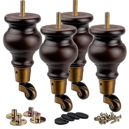 La Vane Patas de madera para muebles de 5.5 pulgadas con ruedas, 4 patas de repuesto de madera maciza de nogal con perno M8 preperforado y placa de montaje para sillón otomano reclinable y reposapiés