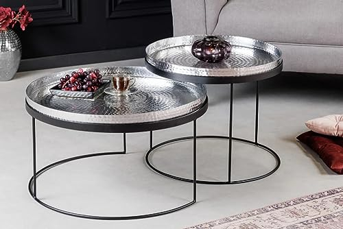 LEBENSwohnART Modernes 2er Set Couchtisch Martello schwarz Silber abnehmbare Tabletts Hammerschlag Handarbeit