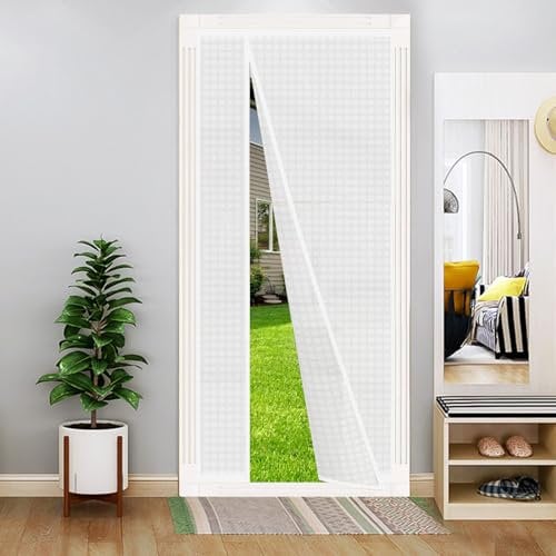 Reversible Left or Right Side Opening Insulated Door Curtain, Keep Cold Out Thermal Magnetic Door Screen Cover Auto Closer for Kitchen, Bedroom, Air Conditioner Room, Fits Doors up to 36 x 82,White