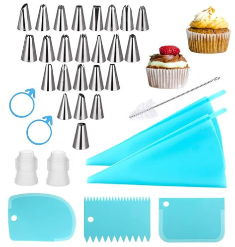 Rummyluck 34PCS Piping Bags and Nozzles Set- Stainless Steel Piping Icing Nozzles, Silicone Piping Bag with Cleaning Brush, for Decorating Cakes, Pastries & Cupcakes, Reusable