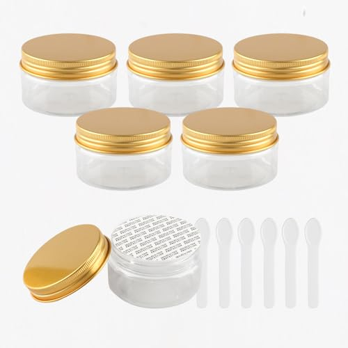 PQPAUTY 6 Pièces Vides Petit 100 ml Transparent Cosmétique Pot en Plastique avec Couvercle Or 100 g Pots de Cosmétique Crème de Bouteille Contenant avec 6x Spatules