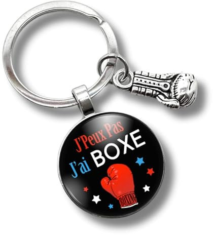 Porte-clés boxe « J'peux pas, j'ai boxe» avec cabochon et breloque gant de boxe – cadeau idéal pour boxer - création