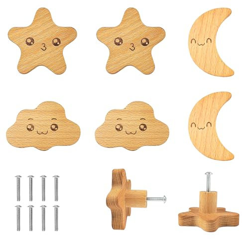 Taipintee 6 Piezas Tiradores Armarios, Pomos Infantiles, Maciza Tiradores Armarios Infantiles, Textura Natural Estrellas, Luna y Nubes Tiradores Infantiles Madera