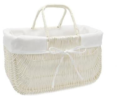 MyBer® Rattankorb Weidenkorb Tragekorb Korbtasche Taschenkorb Tasche Korb aus Weide weiß mit Stoffeinlage K9-489-W-SW