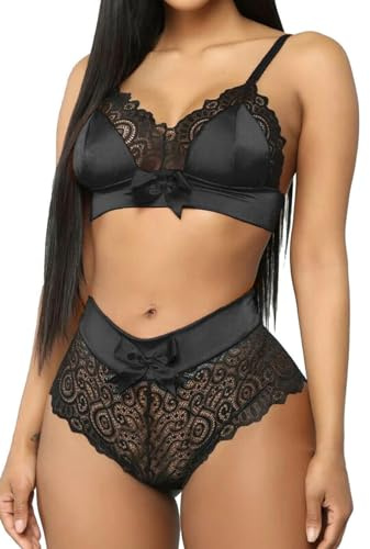 MIZSPISE Ensemble de Soutien-Gorge Femme Lingerie Sexy en Dentelle Nuisette Satin 2 Pieces Vêtements de Nuit Réglable Bralettes avec Culotte Col V Babydoll Noir/Rouge S-L