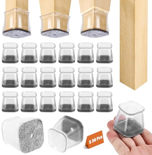 30 Pezzi Feltrini per Sedie Quadrati, Tappi per sedie in Trasparente Piccolo, Gommini in Silicone con Feltro, Elastiche Protezione Proteggi Gambe per Mobili
